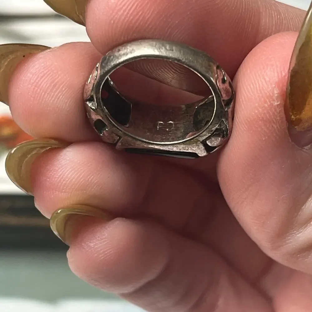 Vintage Onyx Raised Bar 925 Sterling Silver Filigree Ring Size 6-6.25